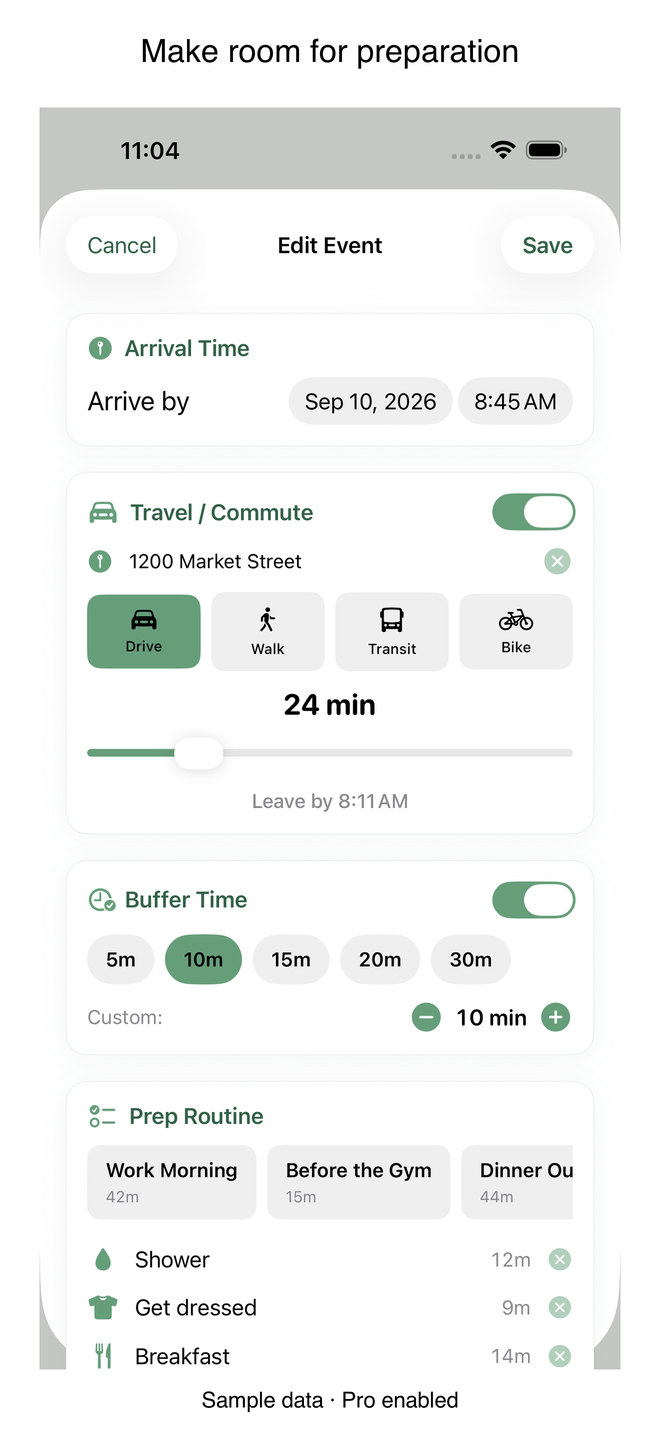Prep Clock sample event editor showing travel time and the selected 10-minute buffer; Pro enabled