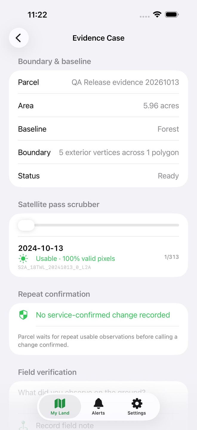 Parcel build 25 evidence case with the saved boundary and a time control for available satellite scenes