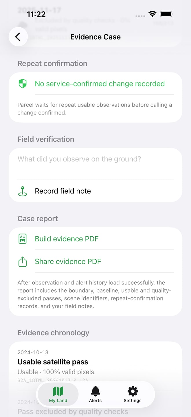 Parcel build 25 field-note and evidence-report controls with scene chronology; no physical site visit is claimed