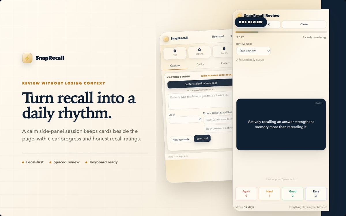 SnapRecall in use in the browser
