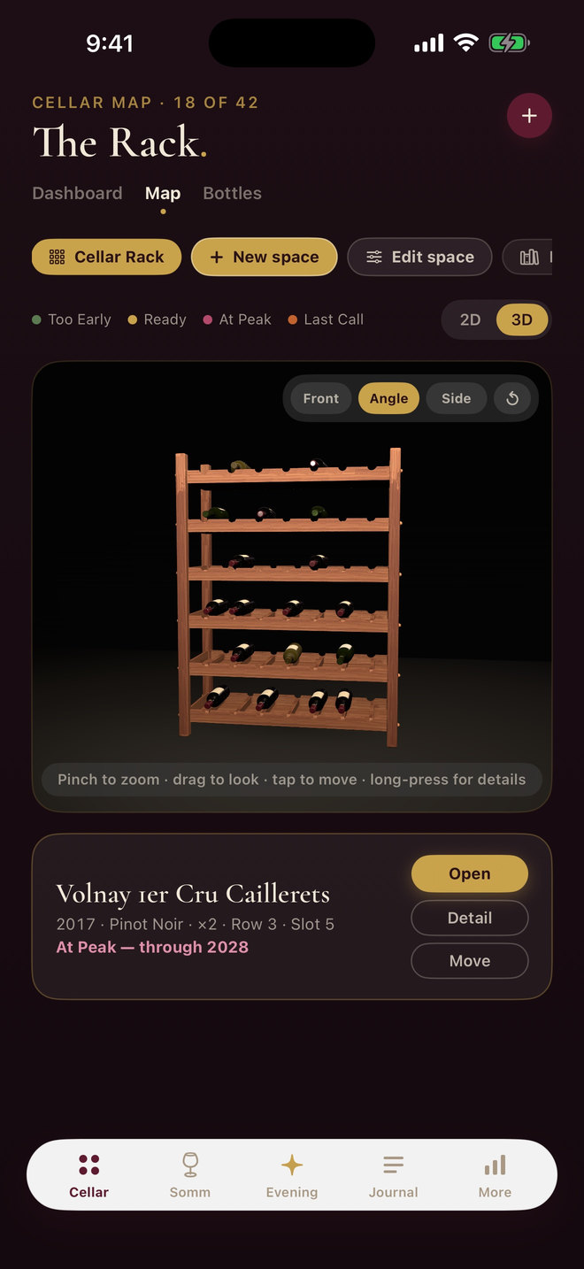 Vintrove build 95 sample 3D cellar map showing a wine rack and selected bottle position
